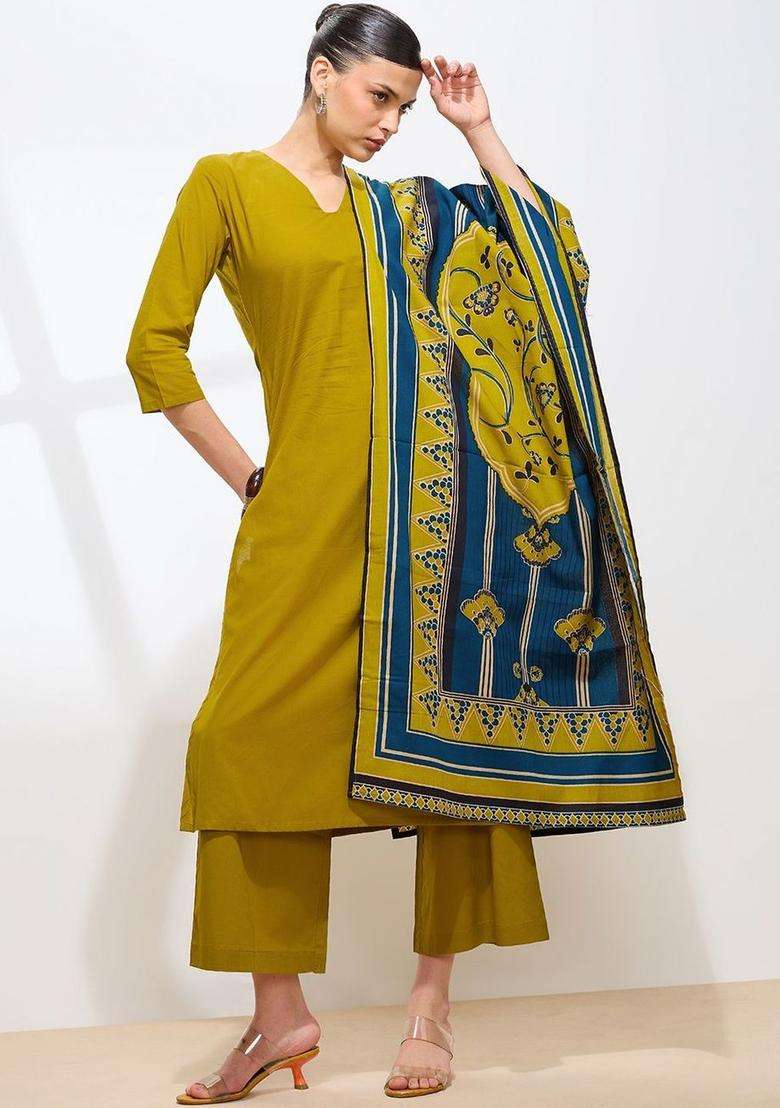 Olive Solid Cotton Kurta Set - Indya