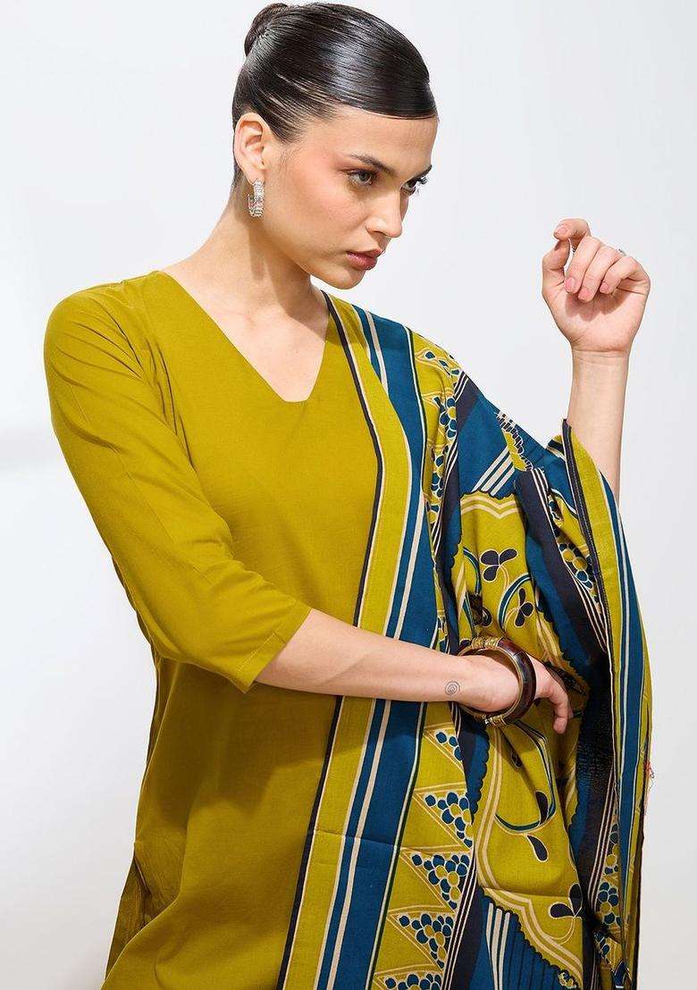 Olive Solid Cotton Kurta Set - Indya