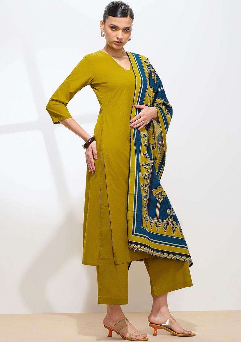 Olive Solid Cotton Kurta Set - Indya