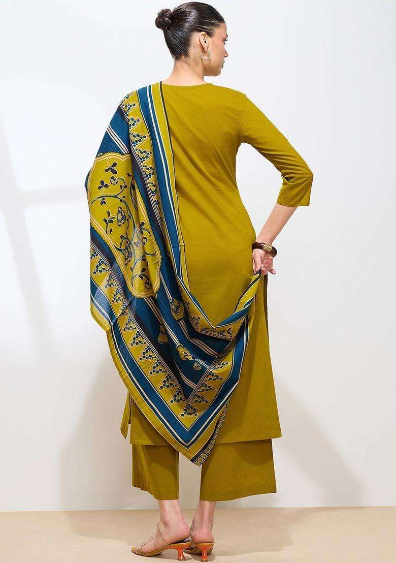 Olive Solid Cotton Kurta Set - Indya