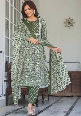 Off White Printed Cotton Kurta Set