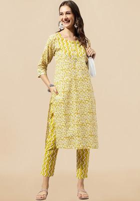 Mustard Printed Cotton Kurta Set