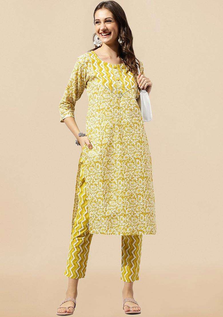 Mustard Printed Cotton Kurta Set - Indya