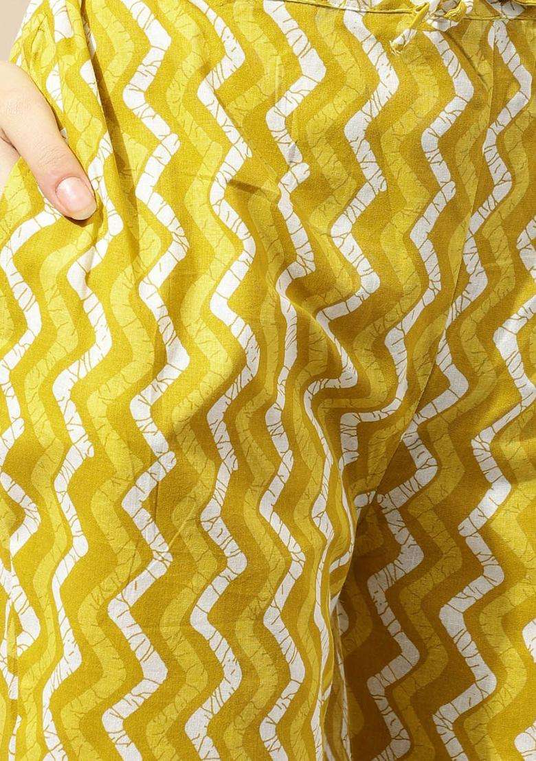 Mustard Printed Cotton Kurta Set - Indya