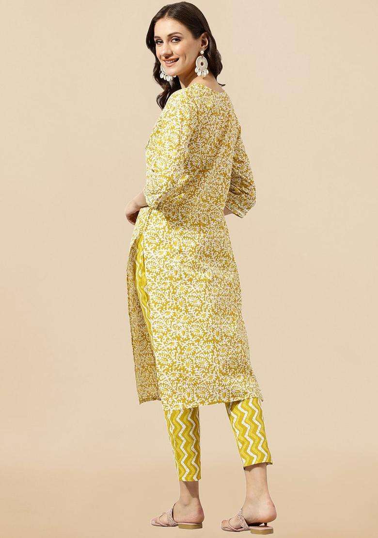 Mustard Printed Cotton Kurta Set - Indya