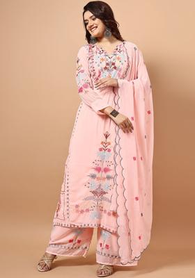 Peach Embroidered Georgette Kurta Set