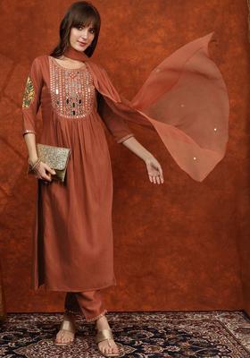 Brown Embroidered Chinon Kurta Set