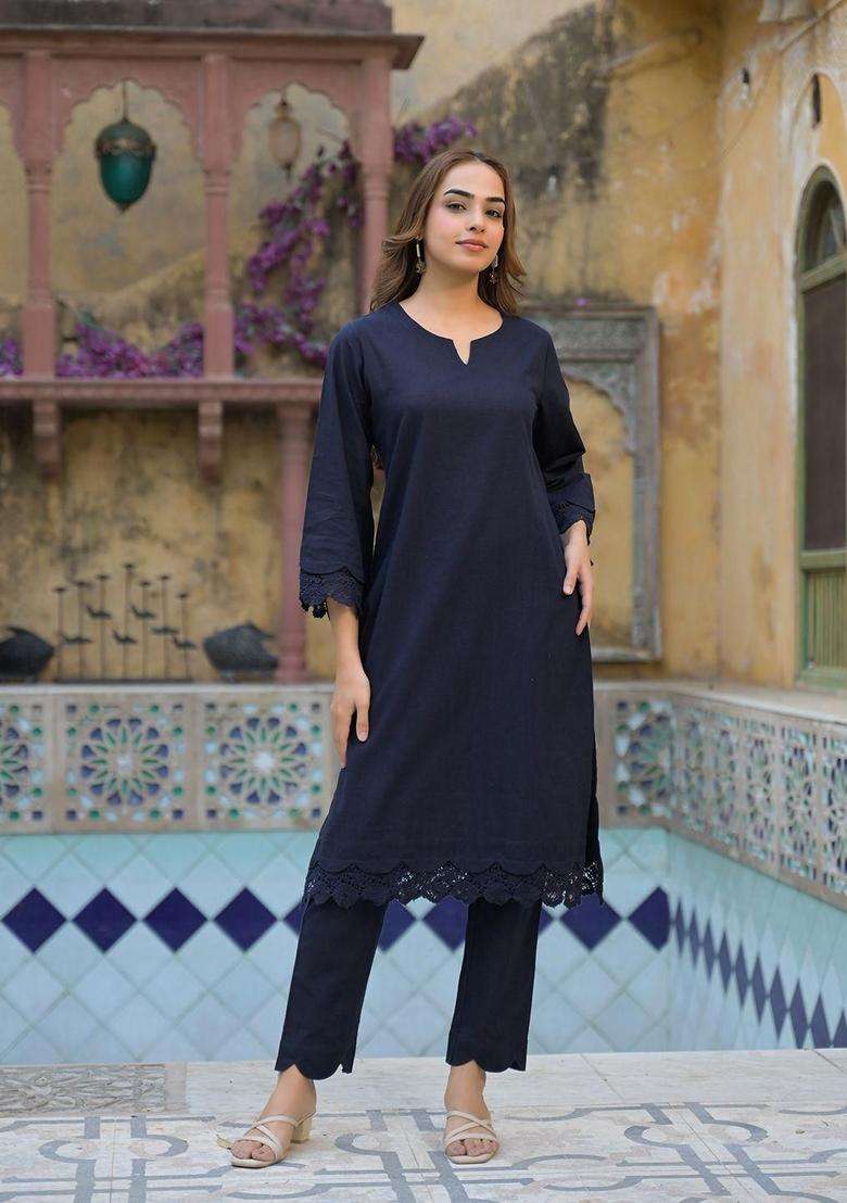 Navy Blue Solid Cotton Kurta Set - Indya