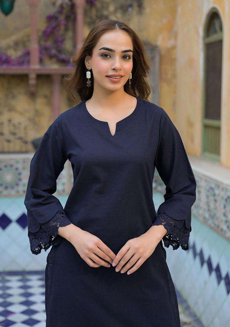 Navy Blue Solid Cotton Kurta Set - Indya