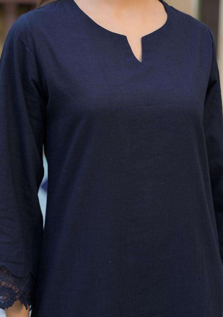 Navy Blue Solid Cotton Kurta Set - Indya
