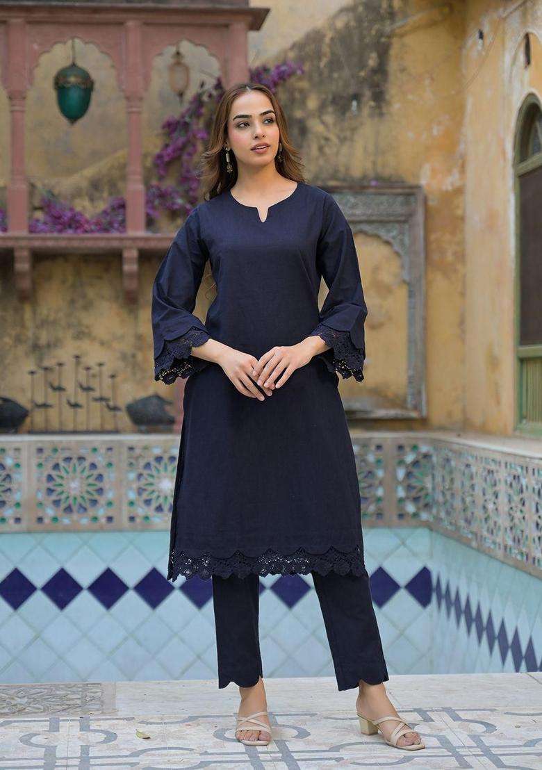 Navy Blue Solid Cotton Kurta Set - Indya