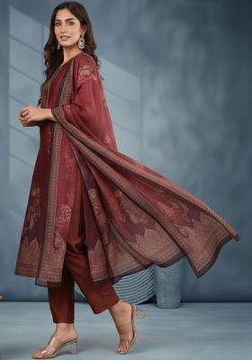 Maroon Printed Silk Kurta Set