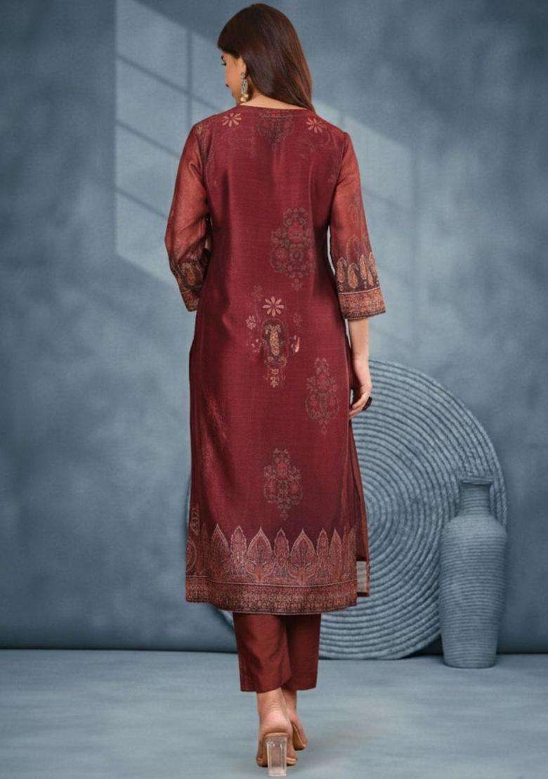 Maroon Printed Silk Kurta Set - Indya