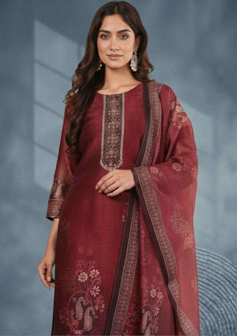 Maroon Printed Silk Kurta Set - Indya