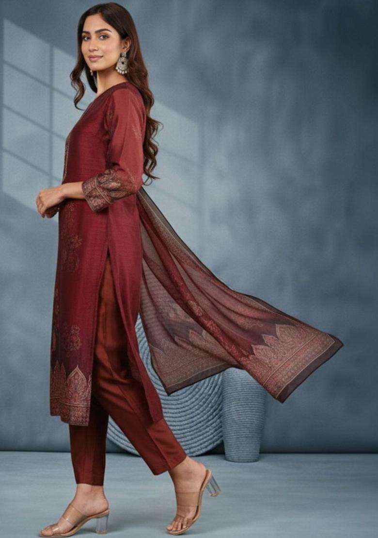 Maroon Printed Silk Kurta Set - Indya