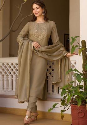Olive Embroidered Viscose Kurta Set