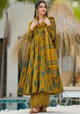 Mustard Printed Silk Blend Kurta Set