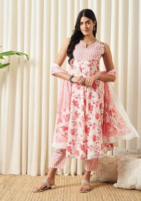 Red Printed Cotton Anarkali Set