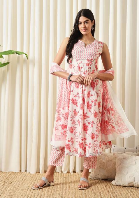 Red Printed Cotton Anarkali Set — view on Indya