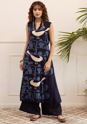 Navy Blue Self Design Cotton Kurta Set