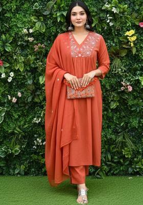 Orange Yoke Design Viscose Kurta Set