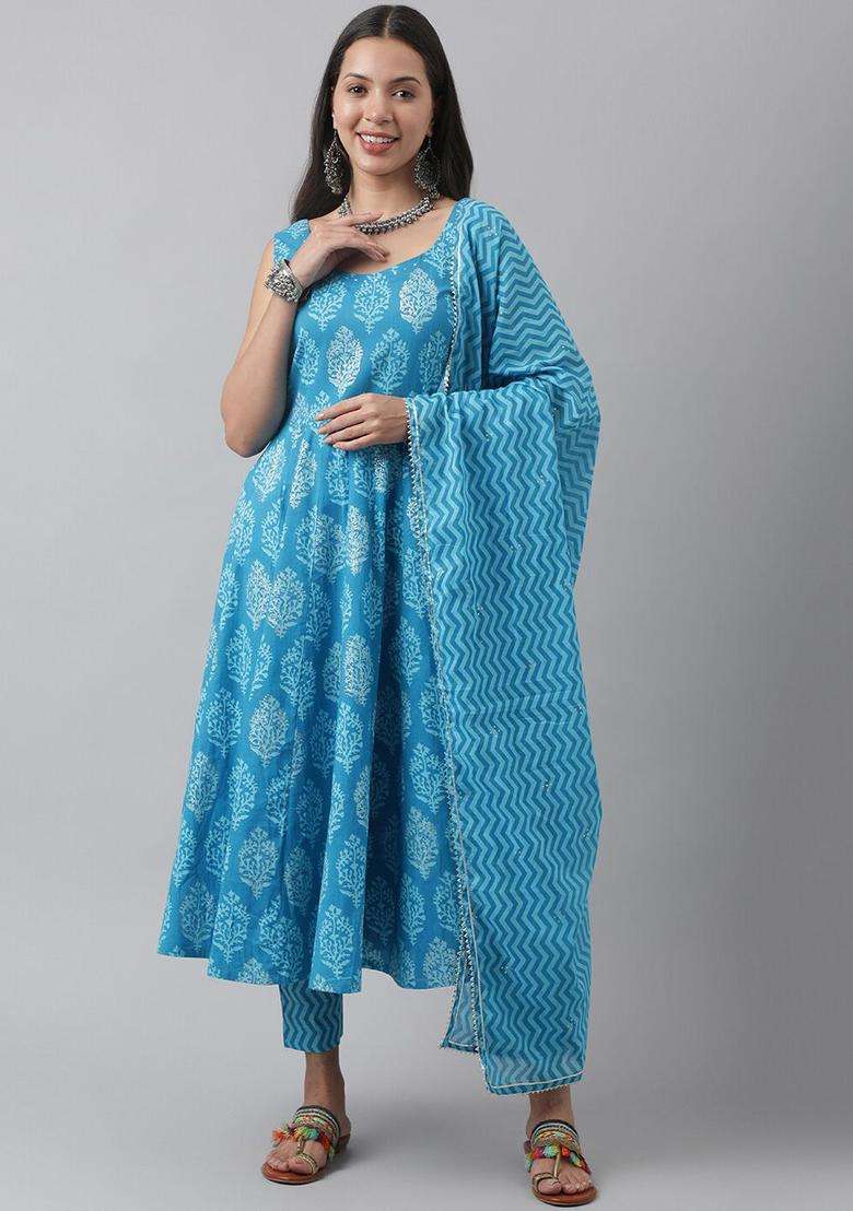 Turquoise Blue Printed Cotton Kurta Set - Indya