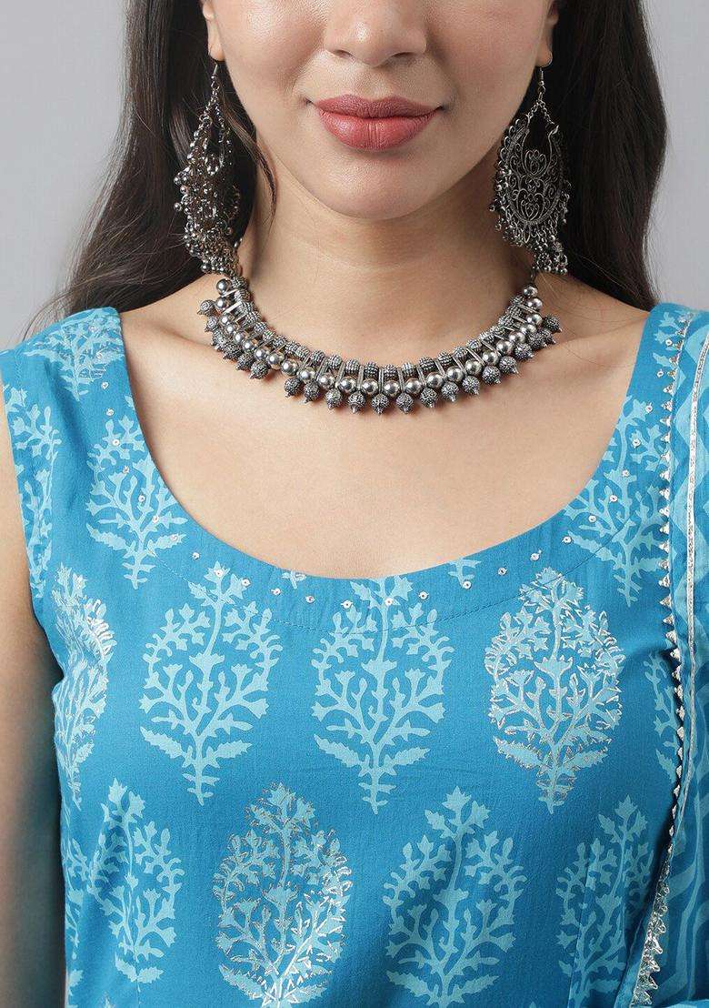 Turquoise Blue Printed Cotton Kurta Set - Indya