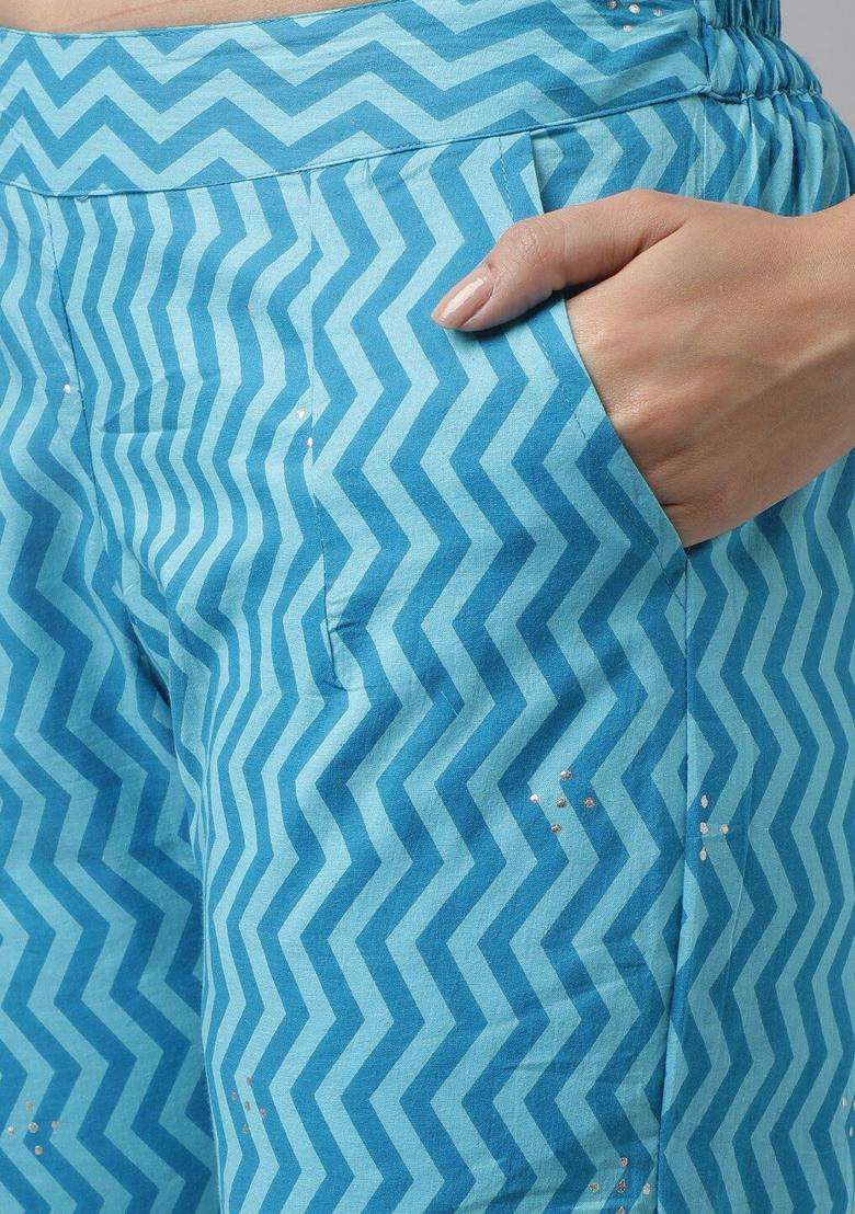 Turquoise Blue Printed Cotton Kurta Set - Indya