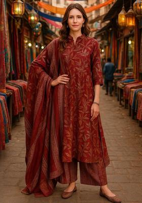 Maroon Printed Cotton Kurta Set