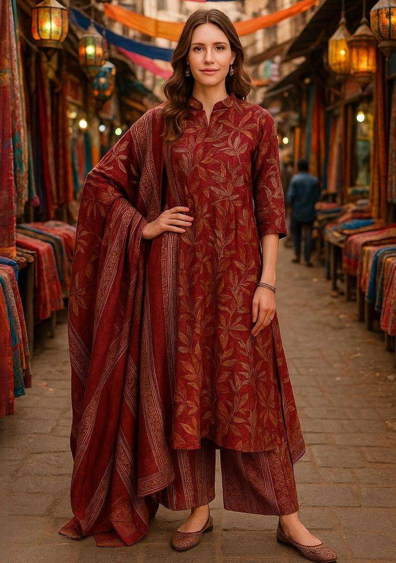 Maroon Printed Cotton Kurta Set - Indya