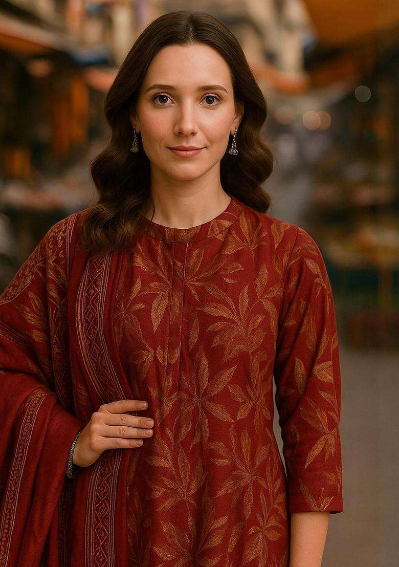 Maroon Printed Cotton Kurta Set - Indya