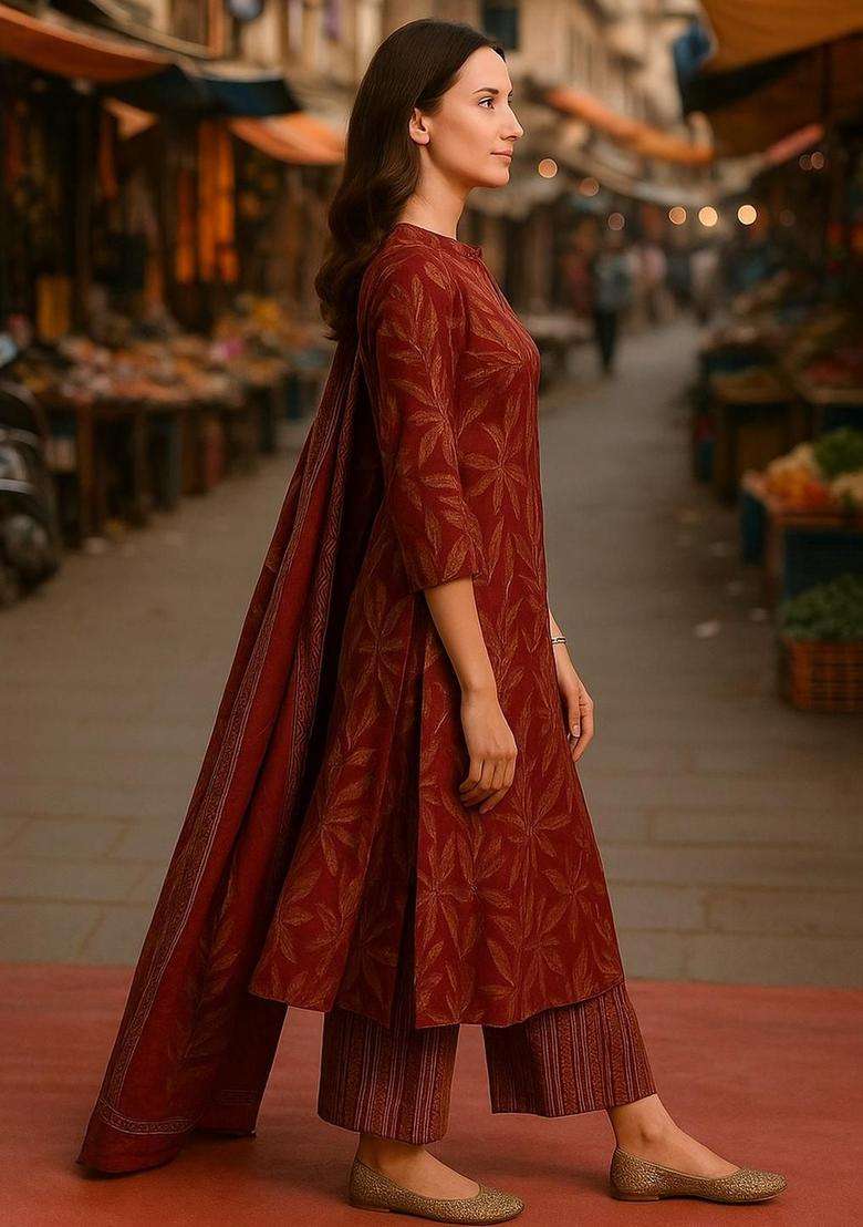Maroon Printed Cotton Kurta Set - Indya