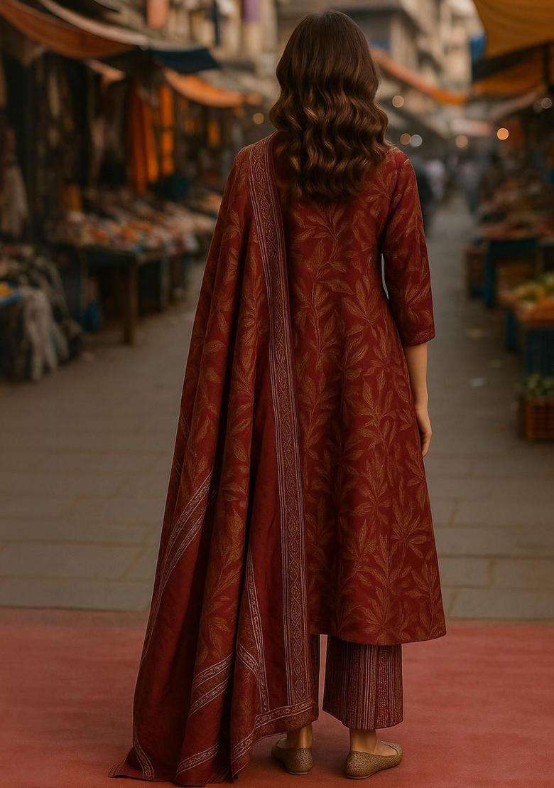 Maroon Printed Cotton Kurta Set - Indya