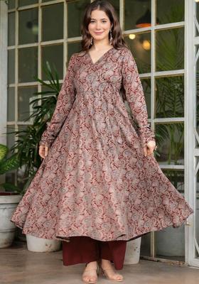 Brown Printed Viscose Anarkali Set