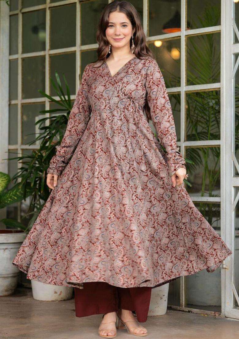 Brown Printed Viscose Anarkali Set - Indya