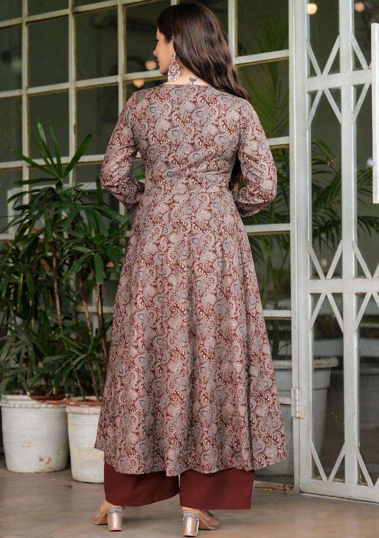 Brown Printed Viscose Anarkali Set - Indya
