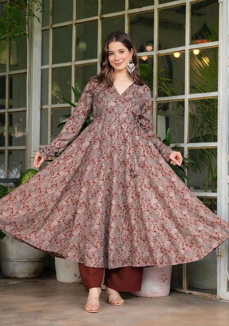 Brown Printed Viscose Anarkali Set - Indya
