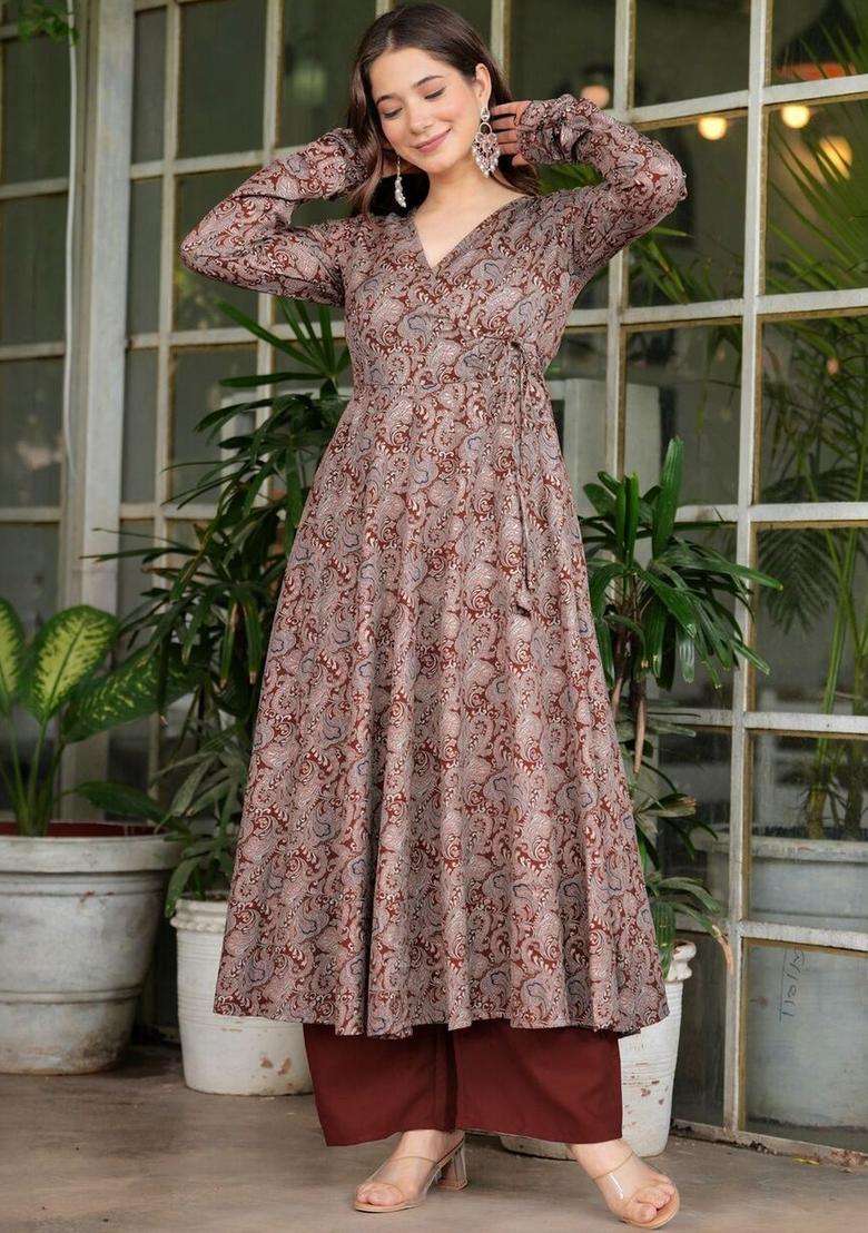 Brown Printed Viscose Anarkali Set - Indya