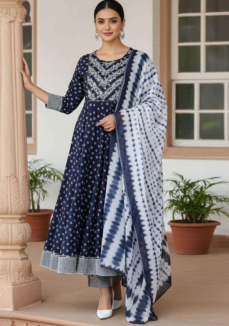 Navy Blue Printed Cotton Anarkali Set - Indya