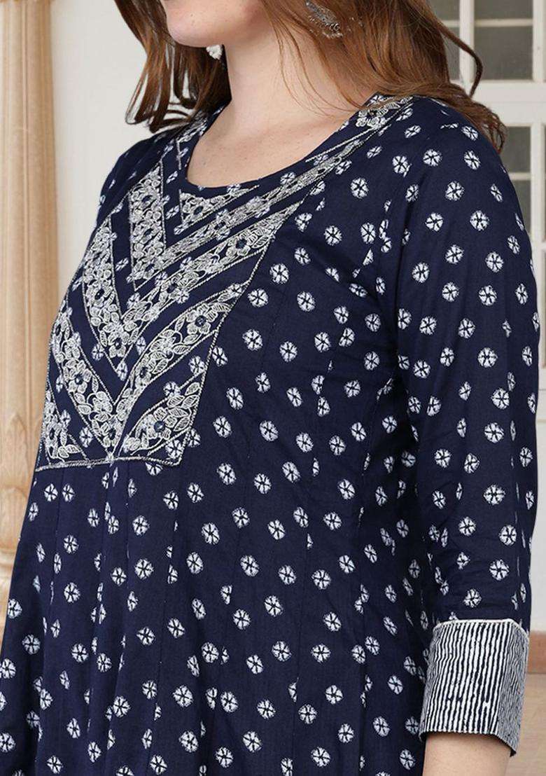 Navy Blue Printed Cotton Anarkali Set - Indya