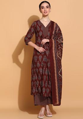 Rust Printed Viscose Kurta Set