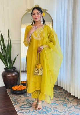Lime Green Embroidered Viscose Kurta Set