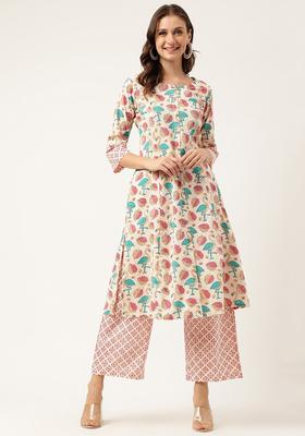 Cream Printed Cotton Kurta Set