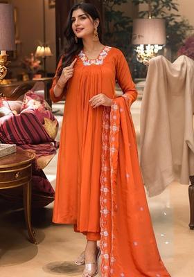 Orange Embroidered Viscose Anarkali Set