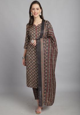 Grey Printed Cotton Kurta Set