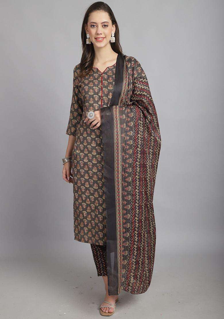 Grey Printed Cotton Kurta Set - Indya