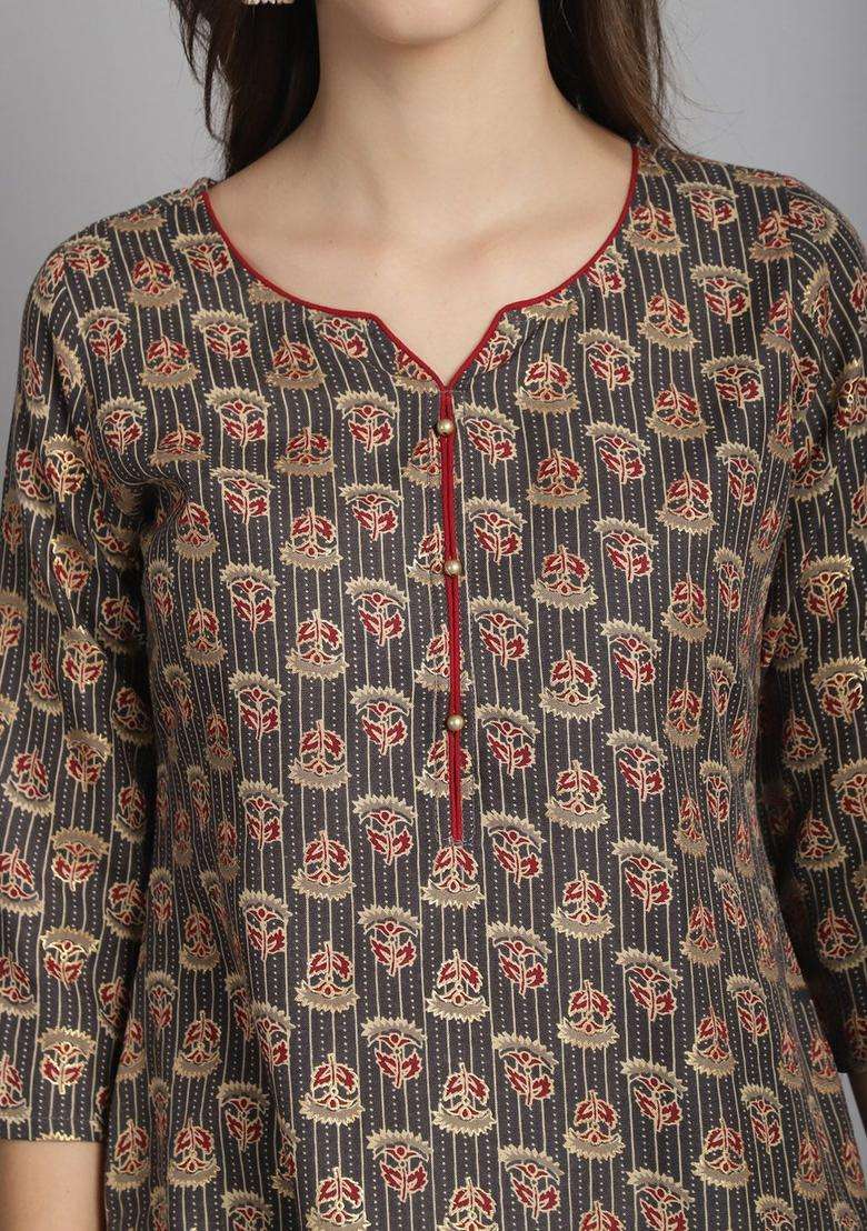Grey Printed Cotton Kurta Set - Indya
