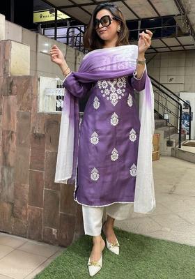 Lavender Embroidered Viscose Kurta Set