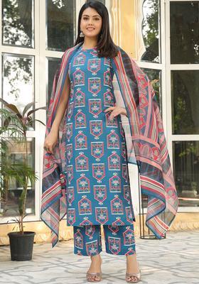 Blue Printed Viscose Kurta Set