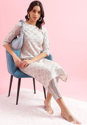 Off White Printed Cotton Kurta Set